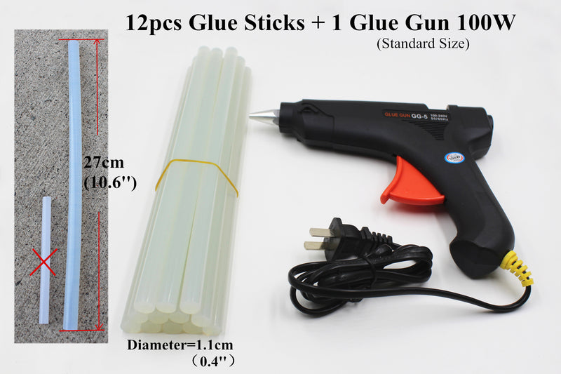 Hot Melt Glue Gun Standard Full Size Black 60W/100W + 12pcs Free Glue Clear Stickers 10.6in
