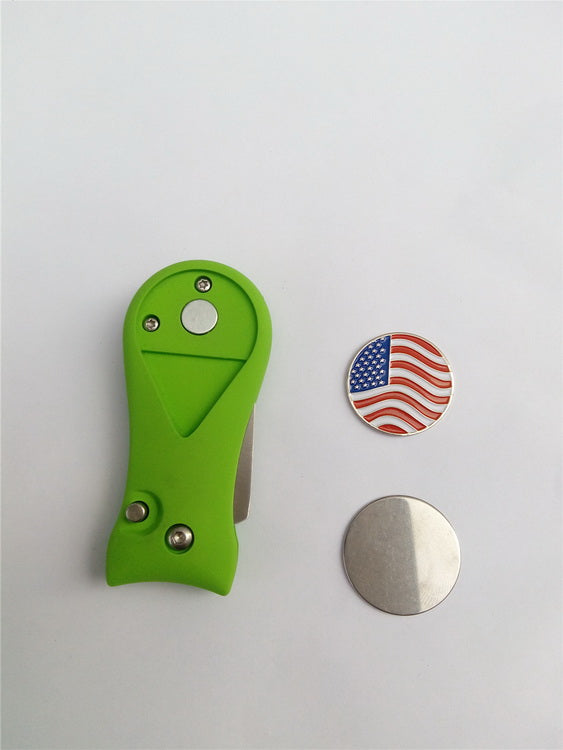 A99 Golf Flick & Go Divot Tool II, Pitch Switchblade Golfer Kit Gift w USA Flag Ball Marker and Sliver Ball Marker