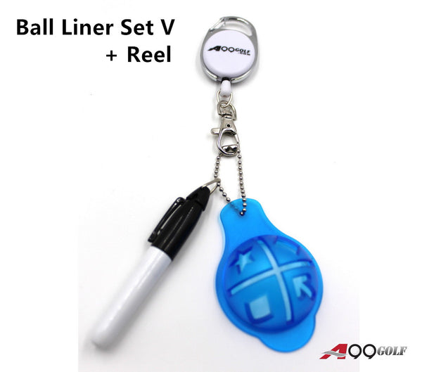 A99 Golf Ball Liner Set V Line Marker Alignment Tool Template Drawing w Chain Pen + Free Retractable Reel