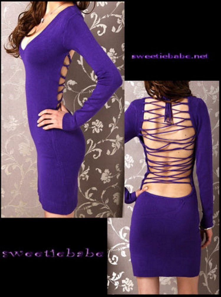 Sweeteibabe V19 V-Neck Backless Clubwear/Cocktail Long Sleeve Dresses Purple S/M