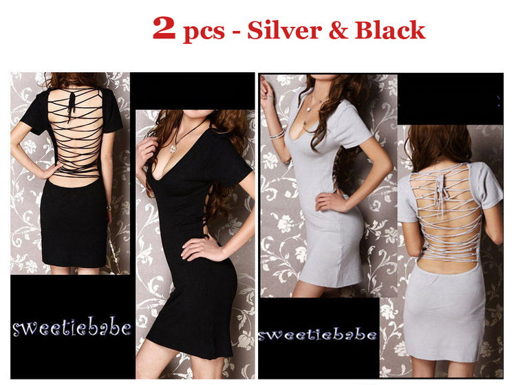 V-Neck Backless Clubwear/Cocktail Dress black S+grey S 2pcs
