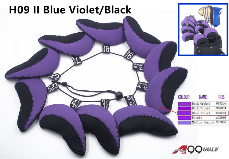 10pcs/set A99 Golf H09 II Iron Club Head Covers Headcover Violet/Black Number Print w String