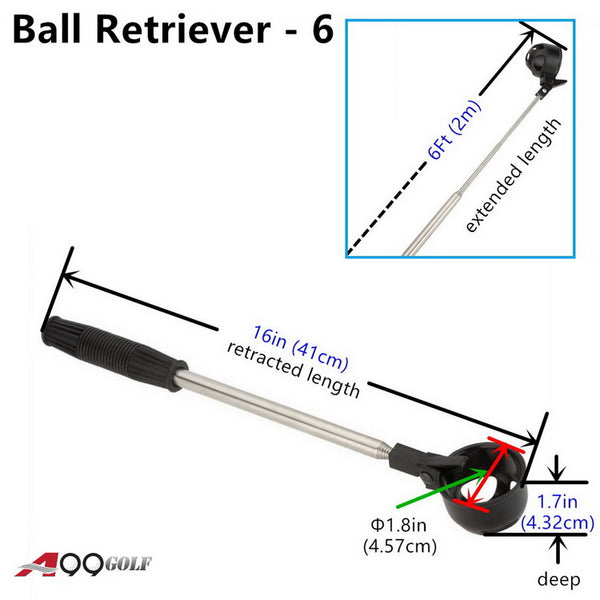 A99 Golf 6ft Telescopic Ball Retriever Pick Up Retractable Scoop Stainless Steel Shaft Extendable Ball Picker