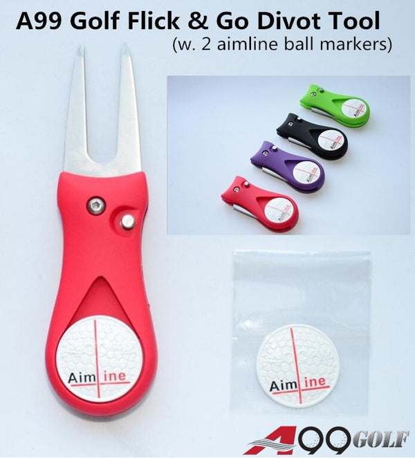 A99 Golf Flick & Go Divot Tool II Pitch Switchblade Golfer Kit w. Aimline Ball Marker