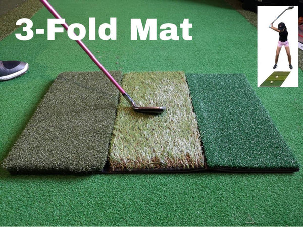 A99Golf Tri-Mat 3-Fold Golf Hitting Grass Mat Realistic Fairway & Rough Portable Driving Chipping Training Aids Backyard Indoor Practice