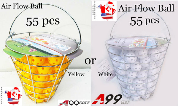 A99 Golf 55pcs Air Flow Golf Balls Practice Training Balls for Indoor Simulators, Driving Range, Swing Practice, Outdoor & Home Use Water for Fun with Iron Bucket (White or Yellow)